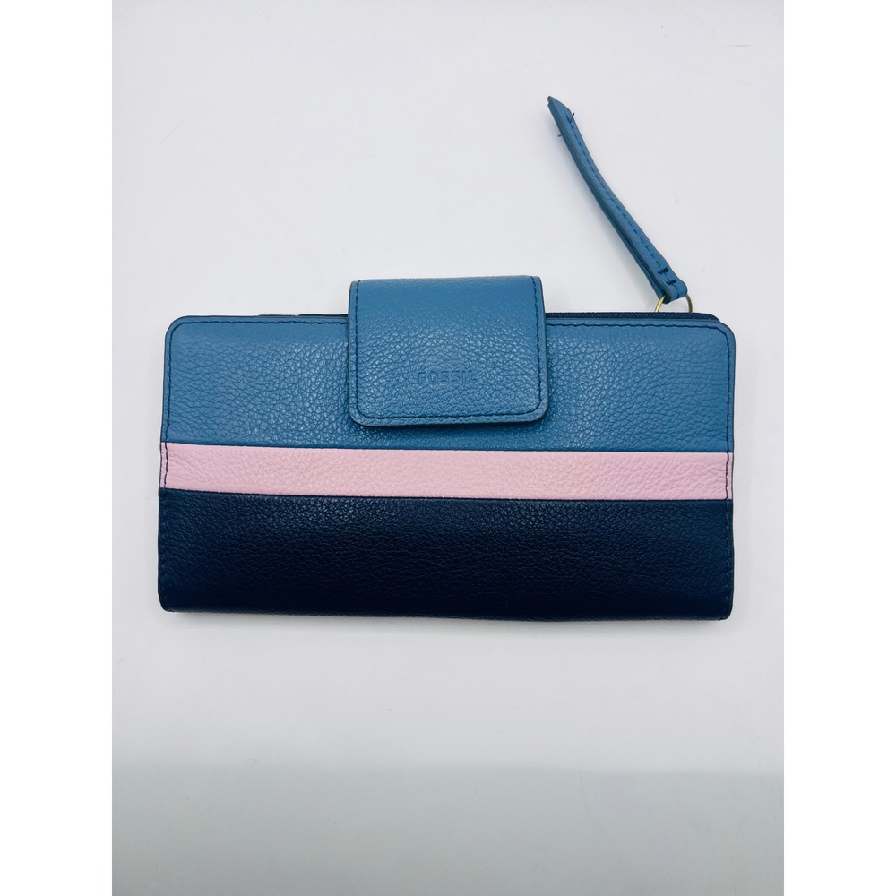 Fossil Emma Tab Clutch Wallet Color Block Blue + Pink Pebble Leather Trifold